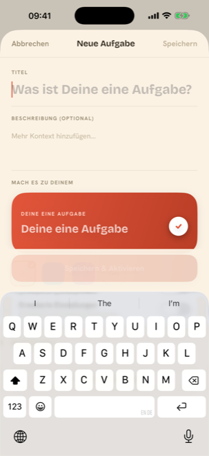 Aufgabe-anlegen-Screen: ein großes Titelfeld, ein Notizfeld, Hintergrundfarben zur Auswahl und eine Erinnerungszeile