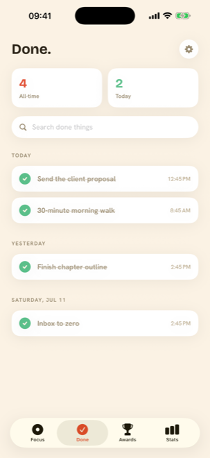 Done screen: a running list of finished tasks grouped by day with green check marks and completion times