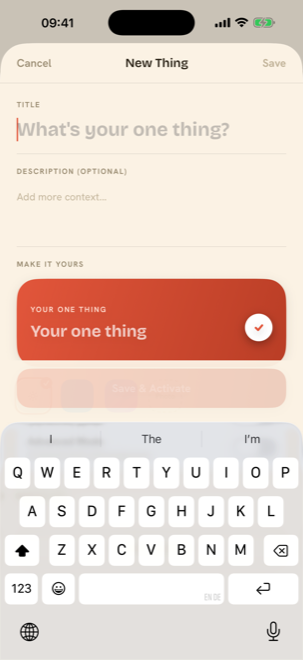 Set thing screen: a large title field, a note field, background colour swatches and a reminder row